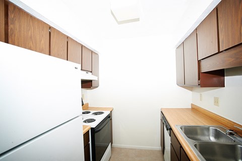 a kitchen with a stove refrigerator and a sink